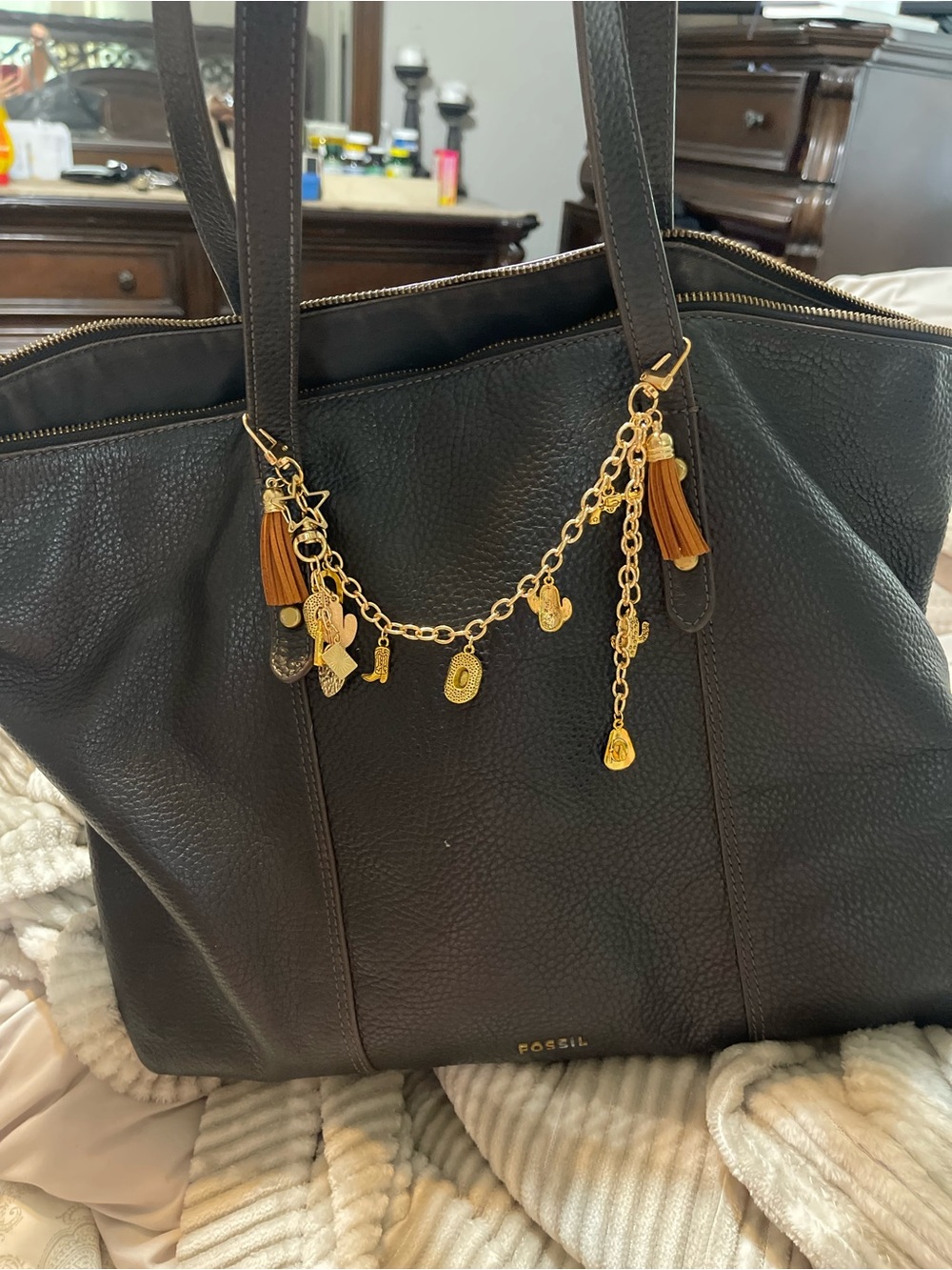 Distressed black with brown undertone leather fossil tote